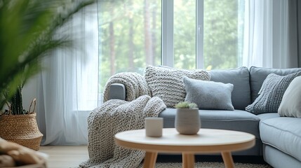 Poster - Interior of light living room with cozy grey sofas coffee table and big window : Generative AI