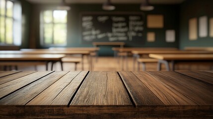 Poster - Wooden board empty table background On the blurred background of the empty classroom : Generative AI