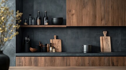 Wall Mural - Modern grey and wood kitchen design in minimalist style : Generative AI