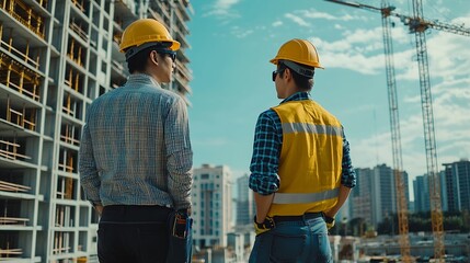 Aufkleber - Civil engineer with personal safety equipment checking and consult with construction site foreman technician for inspect building construct process during follow up process Engineering : Generative AI