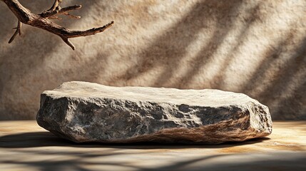 Wall Mural - Empty stone podium with lights and shadows on brown background Minimal backdrop Round natural rock and piece of driftwood Abstract pedestal or showcase for presentation Minimal wabi sa : Generative AI