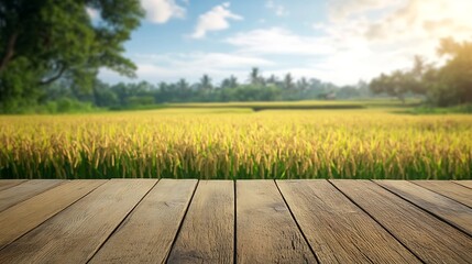 Leinwandbilder - Wooden table top on blur rice field background in daytimeHarvest rice or whole wheatFor montage product display or design key visual layoutView of copy space : Generative AI