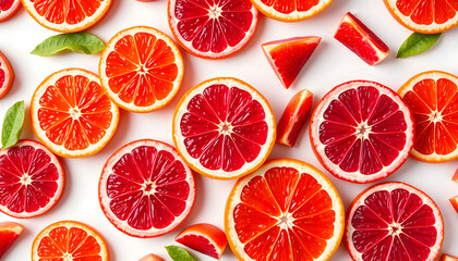 Colorful fruit pattern of fresh whole and sliced blood orange isolated with white highlights, png