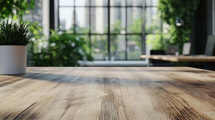 Poster - Empty office wooden desktop with empty space on modern boardroom with large window background closeup mock up : Generative AI