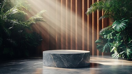 Fototapete - Luxurious stonemarble pedestal basks in foliage gobo sunlight Wooden rod backdrop adds depth and elegance Ideal for premium product showcases and sophisticated designs : Generative AI