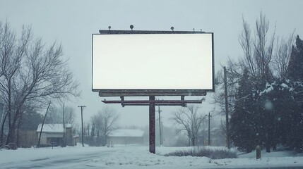 Wall Mural - White horizontal billboard in the snow Blank sign mockup : Generative AI