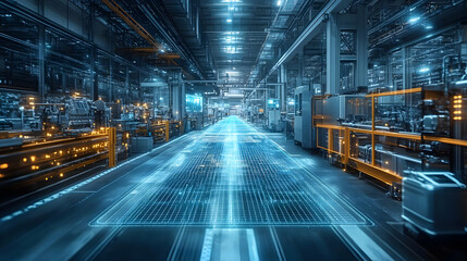 Canvas Print - Futuristic glowing grid network on factory floor.