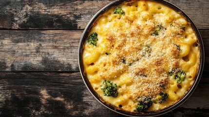 Casserole Mac and cheese Baked Mac and cheese with broccoli cream sauce and parmesan on white old rustic wooden background Healthy or baby food American Casserole Top view Copy space : Generative AI