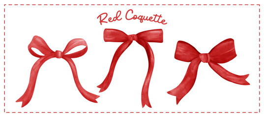 Wall Mural - Red Coquette ribbon bow set vintage Aesthetic watercolor vector banner