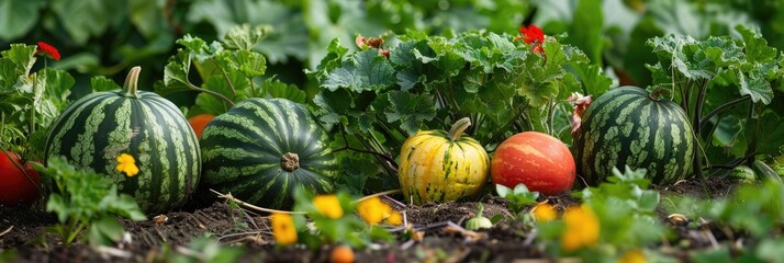 Sticker - A variety of organic fruits and vegetables grown in urban gardens, including watermelon, cantaloupe, and pumpkin.