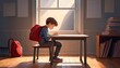 © Illustrations Stock - A young boy sitting alone in a small, minimalist classroom with wooden flooring, wearing a red backpack