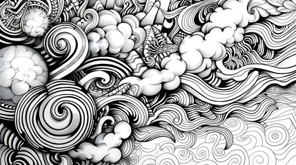 Poster - A monochromatic abstract design featuring swirling clouds and waves, emphasizing intricate patterns and fluidity.