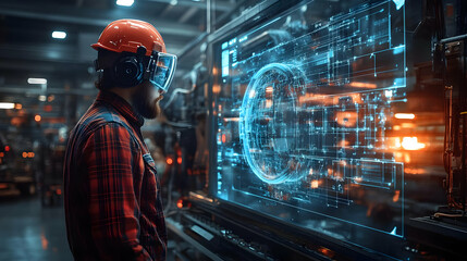 Poster - Industrial worker with safety gear looking at digital interface.