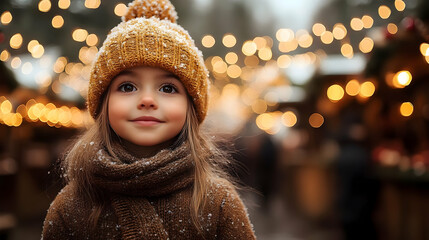 Sticker - Little girl wearing a knitted hat and scarf smiling in front of a festive background.