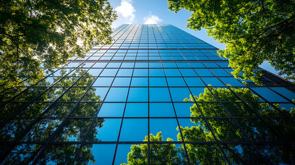 Wall Mural - Low angle view of a modern glass skyscraper with trees reflecting in the windows.