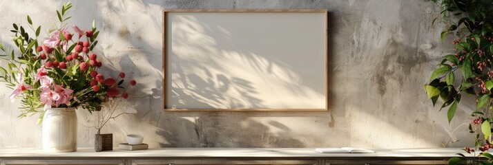 Poster - Spring Mockup of an Empty Frame on a Wall with a Bouquet of Garden Flowers on a Table