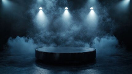 Dark Minimalist Product Display Stand with Smoke and Spotlights.