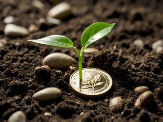 a small plant growing on a coin lying on the ground. Green investment concept, Collecting money to invest. Financial growth concept