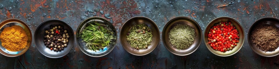 Wall Mural - Herbs and spices arranged in metal bowls Colorful natural seasonings for culinary use