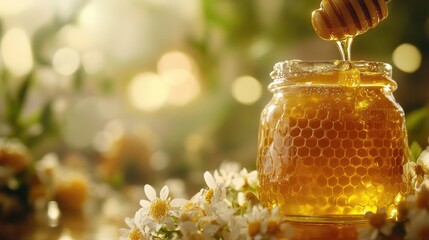 Wall Mural - Golden honey dripping from a dipper into a jar, with honeycomb and flowers in the background