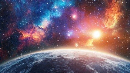 Wall Mural - galaxy with bright stars and colorful nebulae, with earth illuminated by distant sunlight