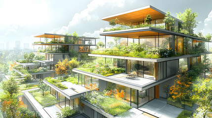 Wall Mural - Modern building with green roof and trees.