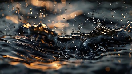 Poster - A close-up of water droplets splashing on a dark surface, capturing motion and light reflections.