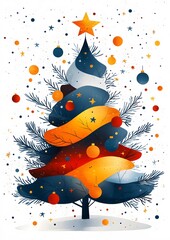 Wall Mural - New Year 2025 themed Christmas tree in minimalist geometric style, flat cartoon illustration with vibrant stars and abstract elements on a white backdrop.