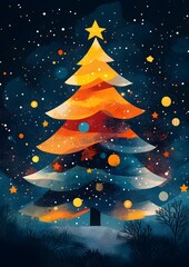 Wall Mural - Modern minimalist Christmas tree in geometric style for New Year 2025, with vibrant stars and abstract elements in a flat cartoon illustration on a white background.