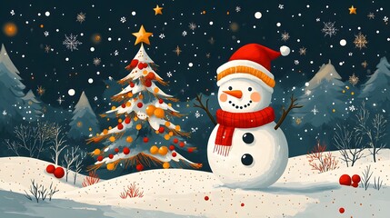 Wall Mural - Flat cartoon snowman and Christmas tree for the holidays, featuring vivid colors, stars, and abstract vector elements on a white backdrop.