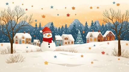 Wall Mural - Flat cartoon illustration of a Christmas snowman and tree, with colorful stars and abstract vector elements on a clean white backdrop.