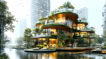 Poster - Modern green building with balconies overlooking a canal in an urban setting.