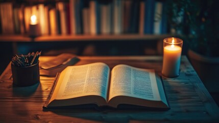 Open book on a wooden desk with a warm light illuminating the pages, a cozy study environment