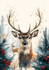 Wall Mural - Elegant abstract Christmas card design with a Christmas tree, deer, and universal decorative frame on a white background, with ample space for messages