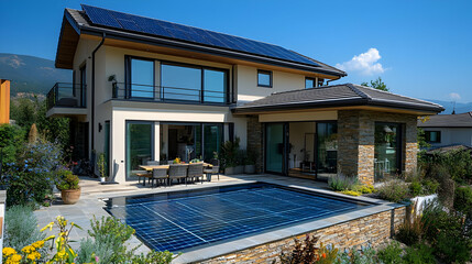 Canvas Print - Modern home with solar panels and a swimming pool.