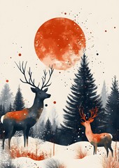 Wall Mural - Contemporary holiday card with abstract design elements, including a Christmas tree, deer, and decorative frame, with plenty of copy space on white