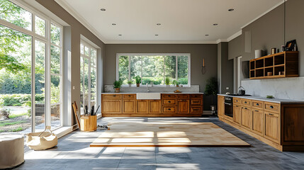 Wall Mural - Modern kitchen with large windows, wooden cabinets and a white farmhouse sink, a large wooden floor panel laying on the floor.