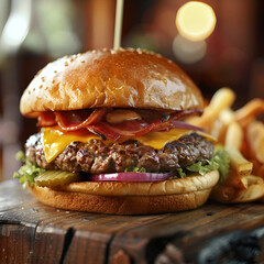 Canvas Print - Delicious burger, hamburger plate illustration. fast food