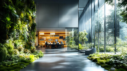 Poster - Modern office interior with large windows, green wall, and a group of people working at desks.