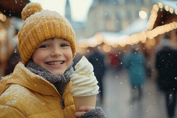 photo of a happy boy with ice cream at a christmas market on a winter day. it is snowing, with blurr