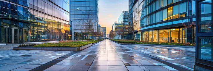 Poster - Modern Cityscape with Glass Skyscrapers and Sidewalks