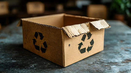 Open cardboard box with recycle symbol on a rustic table.