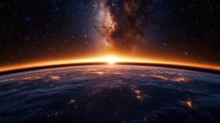 Wall Mural - the milky way galaxy glowing brightly over earth, with stars scattered across the sky