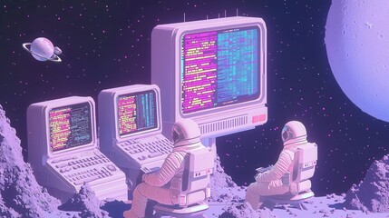 Astronauts Working on Computers in Space with Planets in the Background