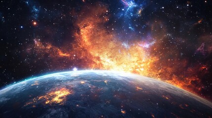 Wall Mural - vibrant galaxy with swirling colors and bright stars, with earth visible far in the distance