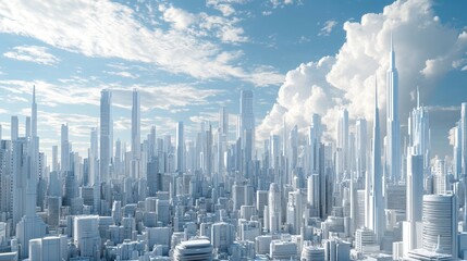 Wall Mural - Modern White City Skyline with Blue Sky and Clouds