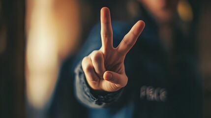 Photograph of a person s hands making a peace or victory sign gesture with fingers isolated on a clean white geometric studio backdrop with a minimalist modern aesthetic