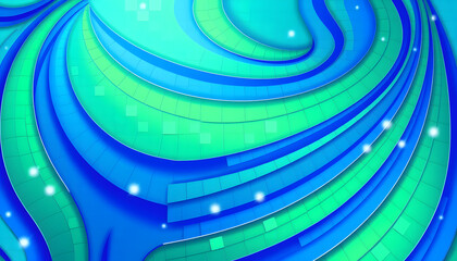 Abstract fractal background, blue-green mosaic pattern with curved stripes isolated with white highlights, png