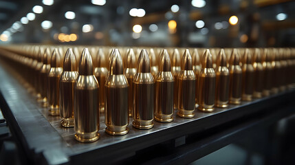 Sticker - Rows of shiny gold bullets on a metal tray in a factory.