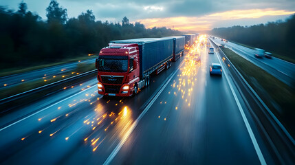 Semi truck driving on highway with rain and sunset.